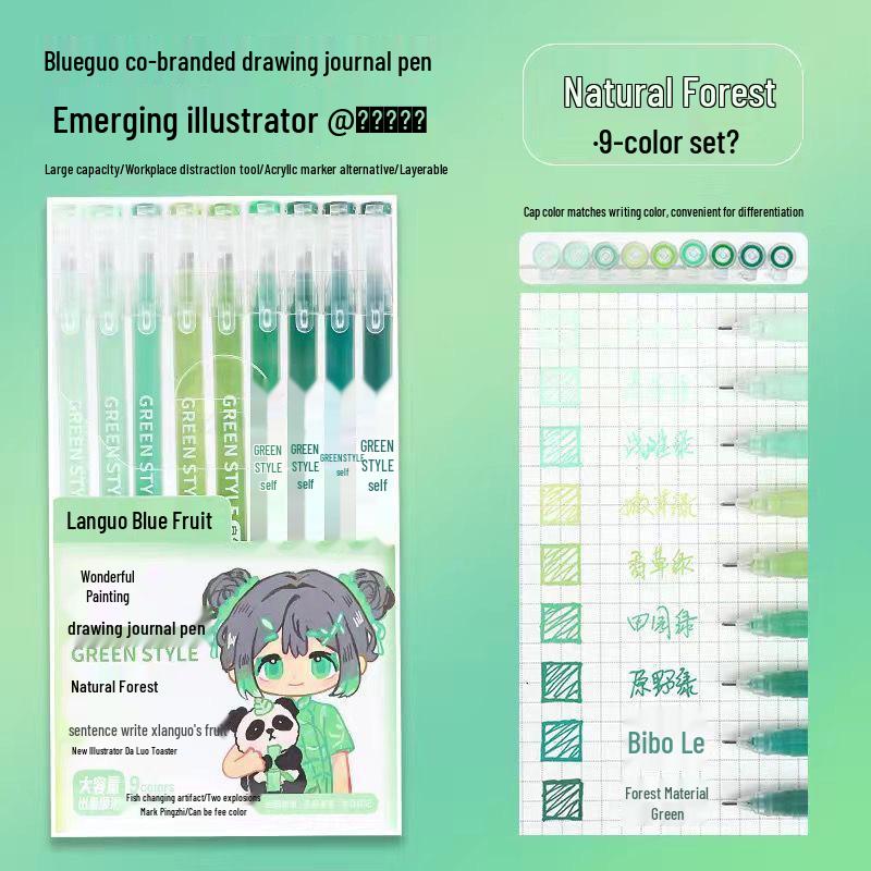 Blue Fruit Nine-Color Gel Journal Pens for Students - Doodle, Color, and Highlight with Fluorescent Markers