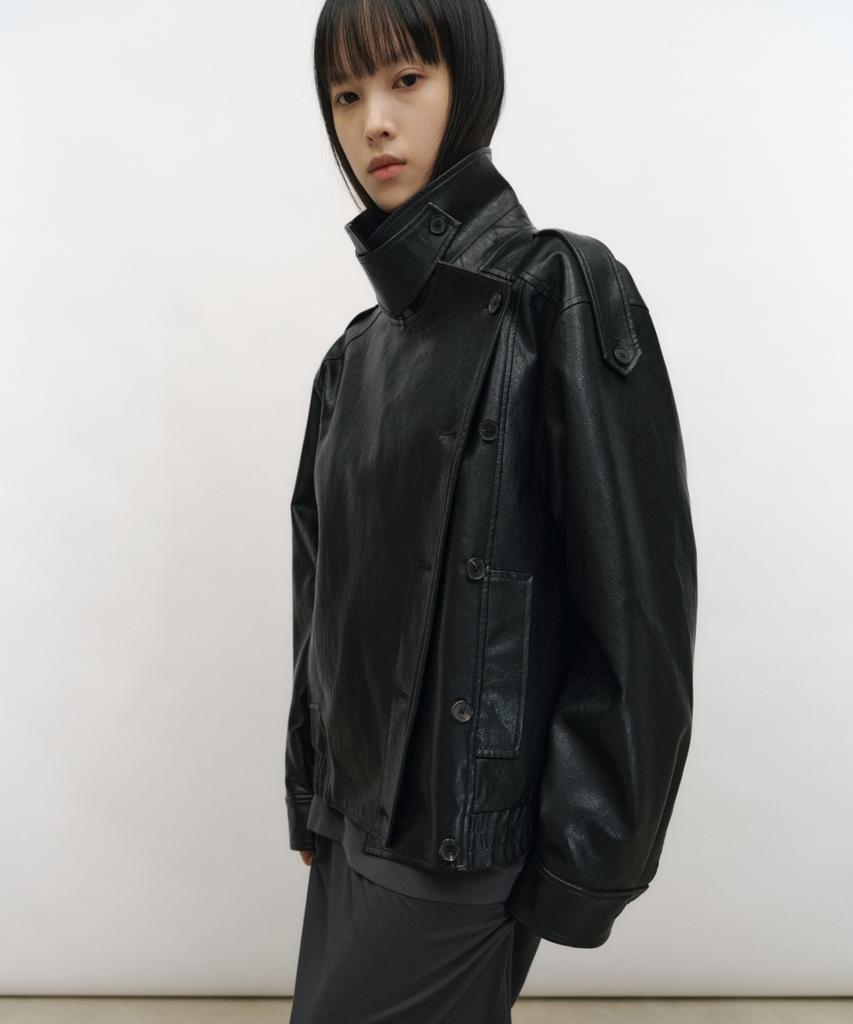 LOW TIDE High Neck Double Leather Jacket [Black]