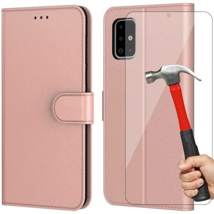 Coque et Verres Trempés - Booling - pour Samsung A51 - Rose - Effet Cuir - Protection 360°