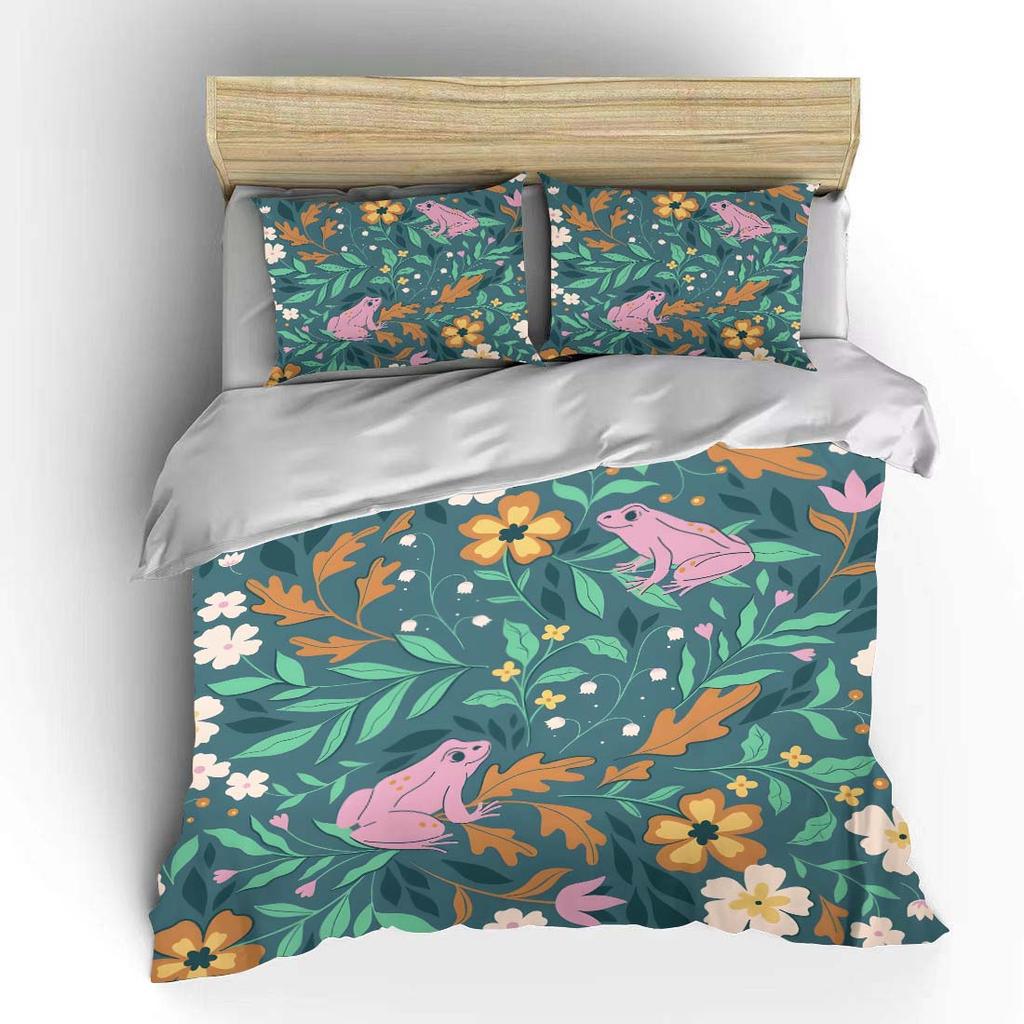 3pcs Pink frogs with floral pattern Bedding Set 1 Duvet Cover 2 Pillowcases for Adult and Children Luxury Gift Full Size