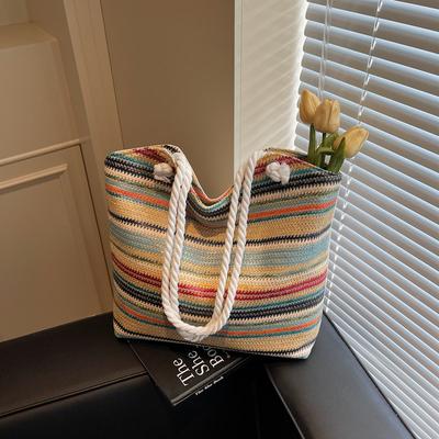 Large Capacity Straw Bag Women's Beach Woven Bag Shoulder Bag Colorful Striped Tote Bag