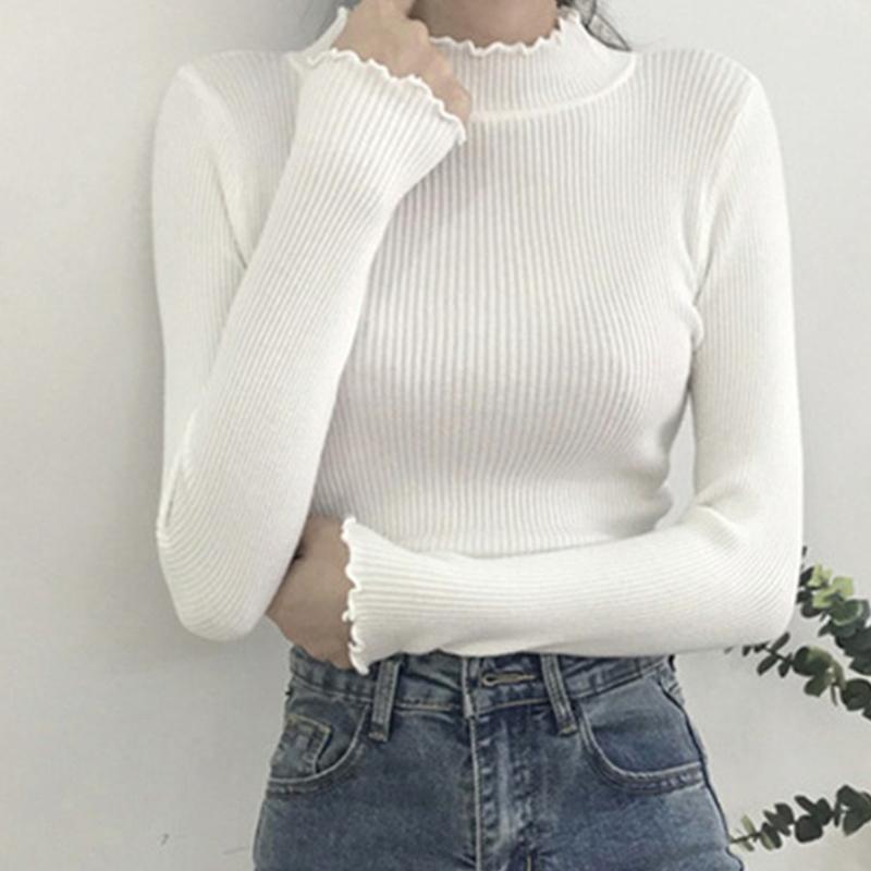 Femei Design Decolteu Pulover Gât Mediu Înalt Pulover Tricotat Cald Solid Margine Volanată Pulover Elastic Tricotaje Topuri de Bază Femeie Pulover cu Mâneci Lungi