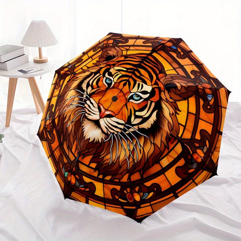 1pc Tiger StainedGlass Automatic Open/close Folding Compact Umbrella, 8-Rib Sturdy Canopy, Lightweight Portable, Everyday Use, Gift, Outdoor Umbrella,