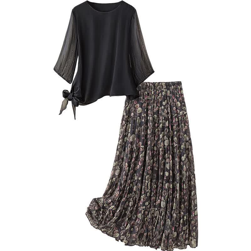 Women s Elegant Two-Piece Set: Round Neck Top & Floral Skirt S