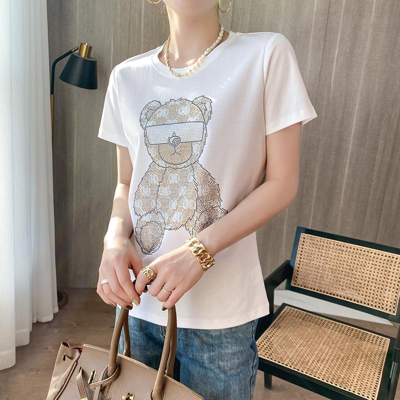 

Женская футболка из мерсеризованного хлопка с круглым вырезом и дизайном из страз - Летняя коллекция 2025 M белый