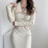 French Long-Sleeve Sweater Dress: Lapel Buttons, Contrasting Colors, High Waist, Slim-Fit Knitted Design