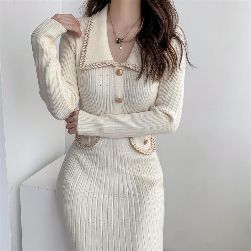 French Long-Sleeve Sweater Dress: Lapel Buttons, Contrasting Colors, High Waist, Slim-Fit Knitted Design