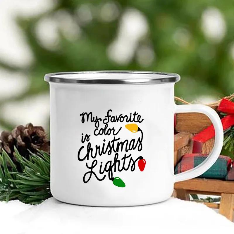 Merry Christmas Print Creative Enamel Coffee Tea Wine Drink Mug Dessert Hot Cocoa Milk Cup Cake Mugs Handle Drinkware Xmas Gifts