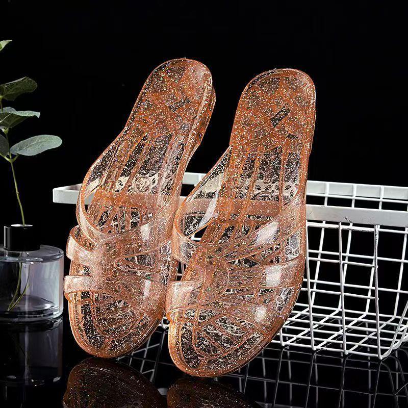 Transparent Crystal Women s Sandals Sequin Jelly Flat Ladies Beach Low Heels Shoes Causal Outdoor Female Vacation Footwears 36