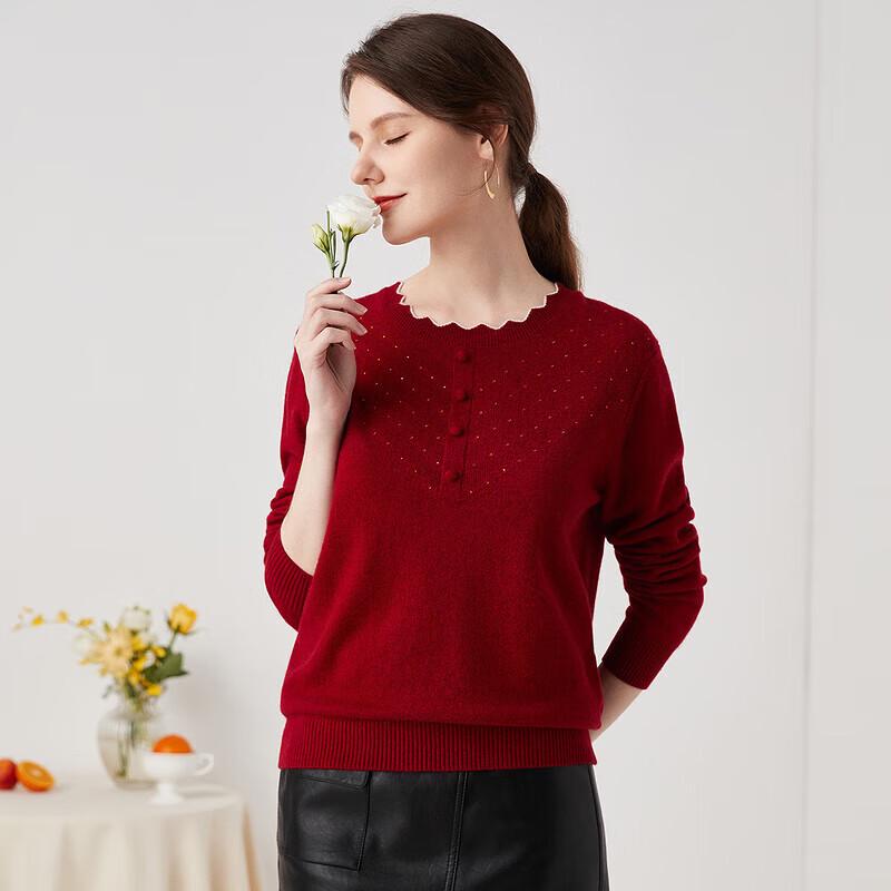 Zhaojun Women's Autumn/Winter Round-Neck Cashmere Sweater with Lace & Rhinestones