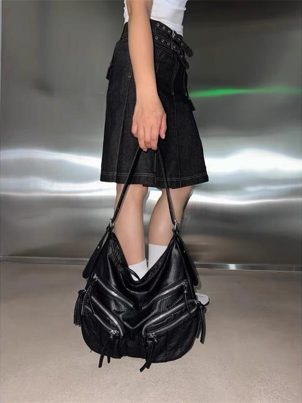

JIAERDI Harajuku Vintage Black Leather Spacious Tote Bag Women Hot Gril Biker Shoulder Bag Ladies Work Commuter Crossbody Purse 33x25x7cm чорний