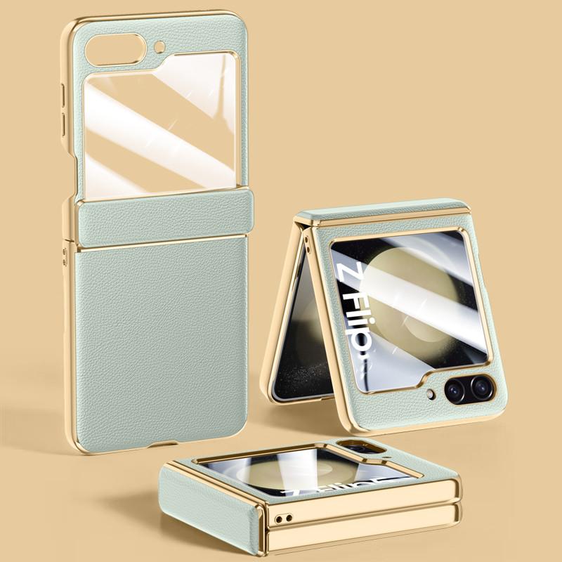For Samsung Z Flip 5 Plating Leather Hinge Case for Samsung Galaxy Z Flip 5 Flip5 Zflip5 5G Shockproof Glass Film Bag Cases