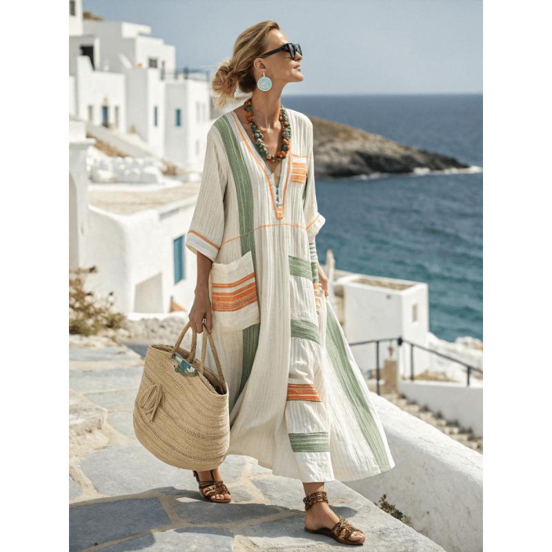 3D digital printing V-neck five-quarter sleeve long pocket Kaftan dress