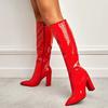 Pointed Thick Heels Knee Long Boots Women's Spring/Autumn Patent Leather Pattern Panel Side Zipper Boots