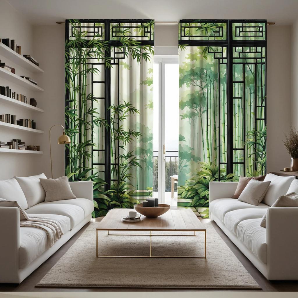 3D green bamboo - Printed curtains, pole bag curtains, home decoration, room decoration