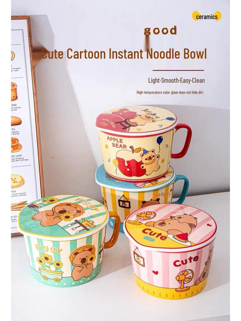 Cartoon Instant Noodle Bowl with Lid and Drain, Large Capacity, Cute Lunch Box for Students
