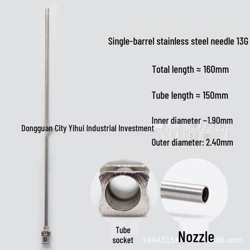 Stainless Steel Dispensing Syringe: 160mm Total Length, 150mm Tube, Pointed Tip, Flat Opening