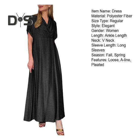 Spring Women Dress V Neck Short Sleeve Loose A-line Pure Color Ankle Length Maxi Dress Pleated Prom Party Dating Dress