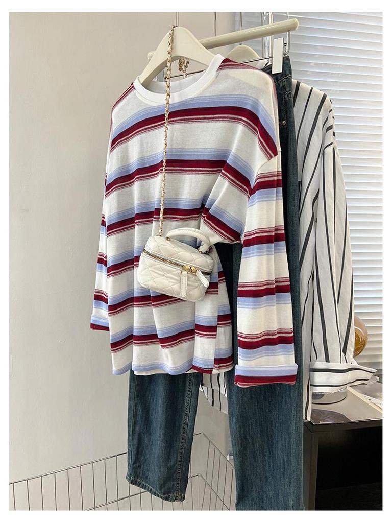 Women's Black Striped Long-Sleeve T-Shirt, Spring/Autumn 2025 Trend, Designer Look, Unique Base Layer, Loose Fit