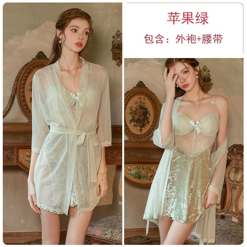 Women's Velvet Mesh Cutout Underwire Push Up Padded Sleep Dress with Robe Lounge Set