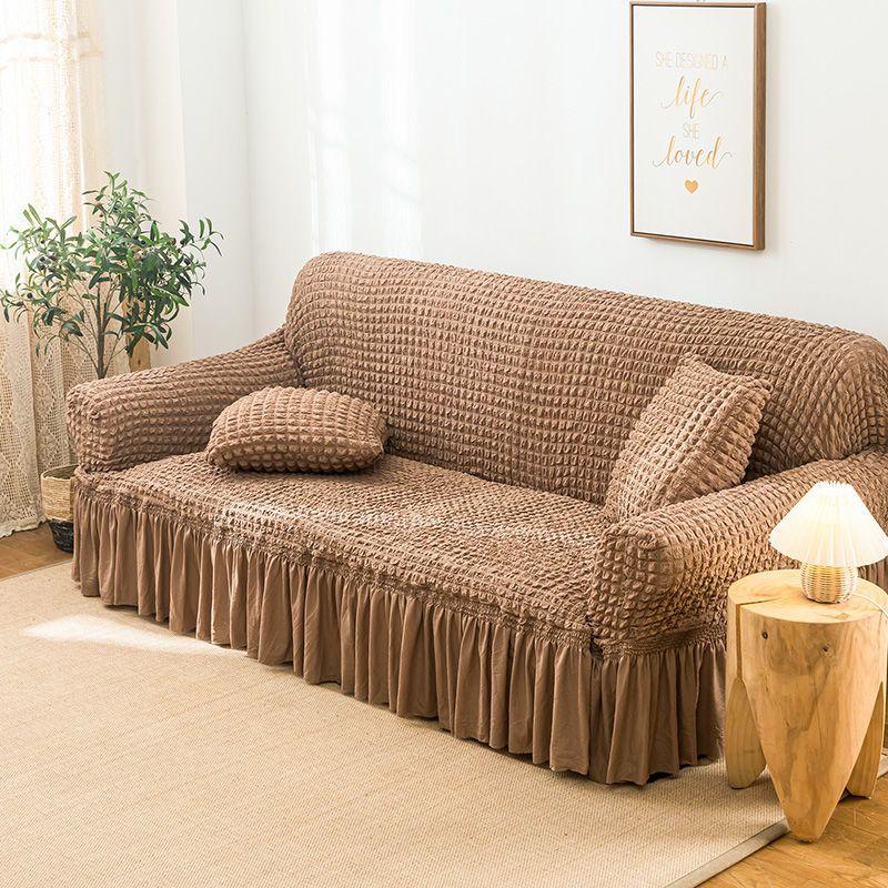 

Чехол на диван из жатого хлопка с рюшами для гостиной, толстые эластичные однотонные эластичные чехлы для дивана, чехлы для диванов на 1/2/3/4 места, чехол для кресла 145-185cm