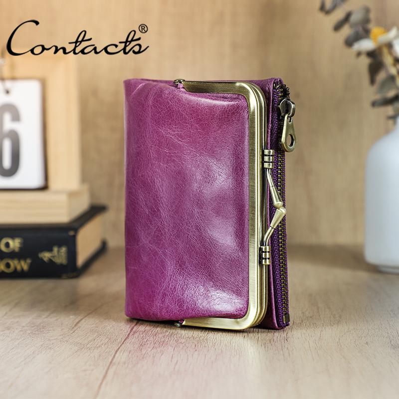 Genuine Leather Women Wallet Small Metal Frame Purse Ladies Hasp and Zipper Coin Pocket Credit Card Holder RFID Wallet