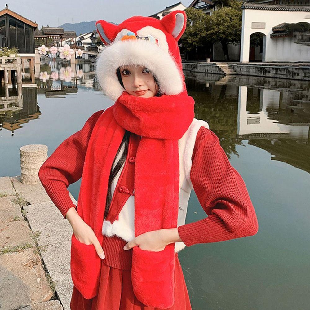 Lace Up New Year Pullover Cap Ear Muffs Scarf Gloves Hat Winter Plush Warm Hat New Year Gift