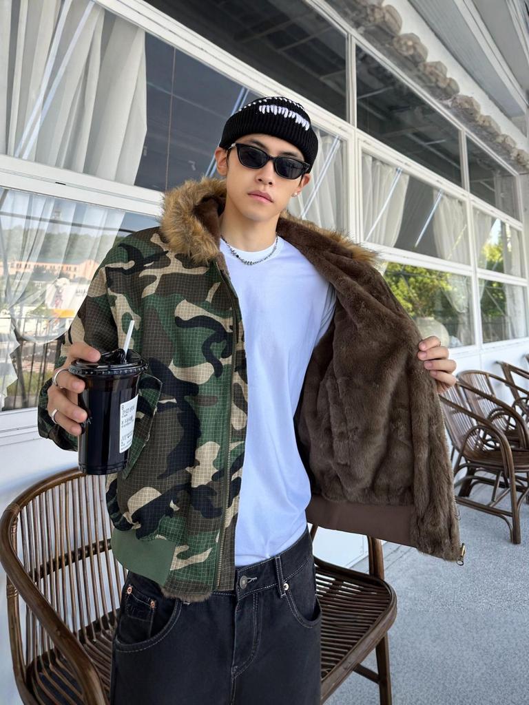 2025 Winter Men's Reversible Camouflage Streetwear Hooded Cotton Jacket