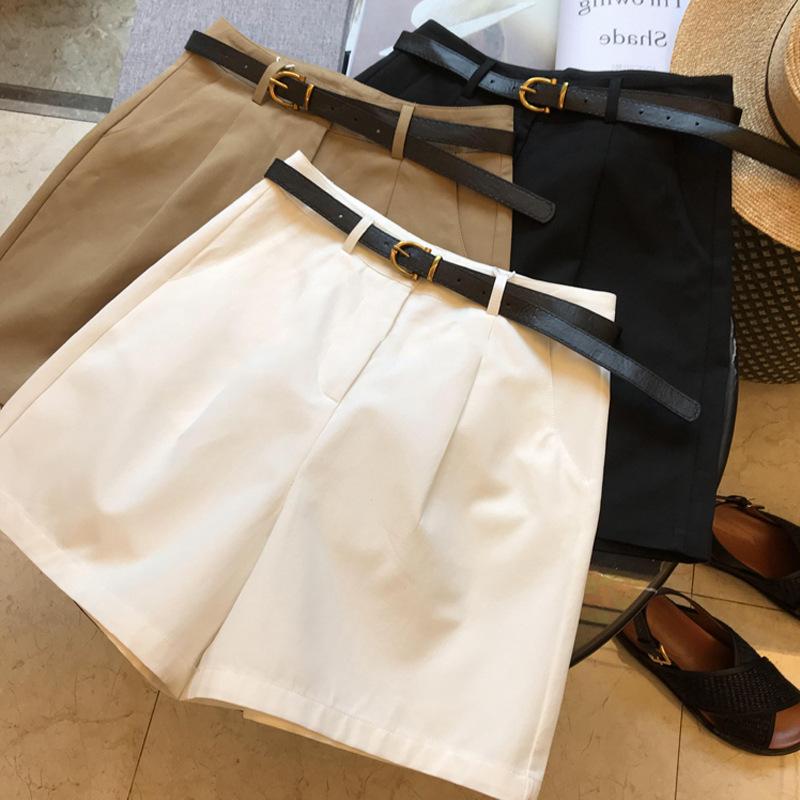 Women High Waist Wide Leg Casual Shorts All-match Three-length Straight Pants With Free Belt Elegant Commuter Summer Bottoms