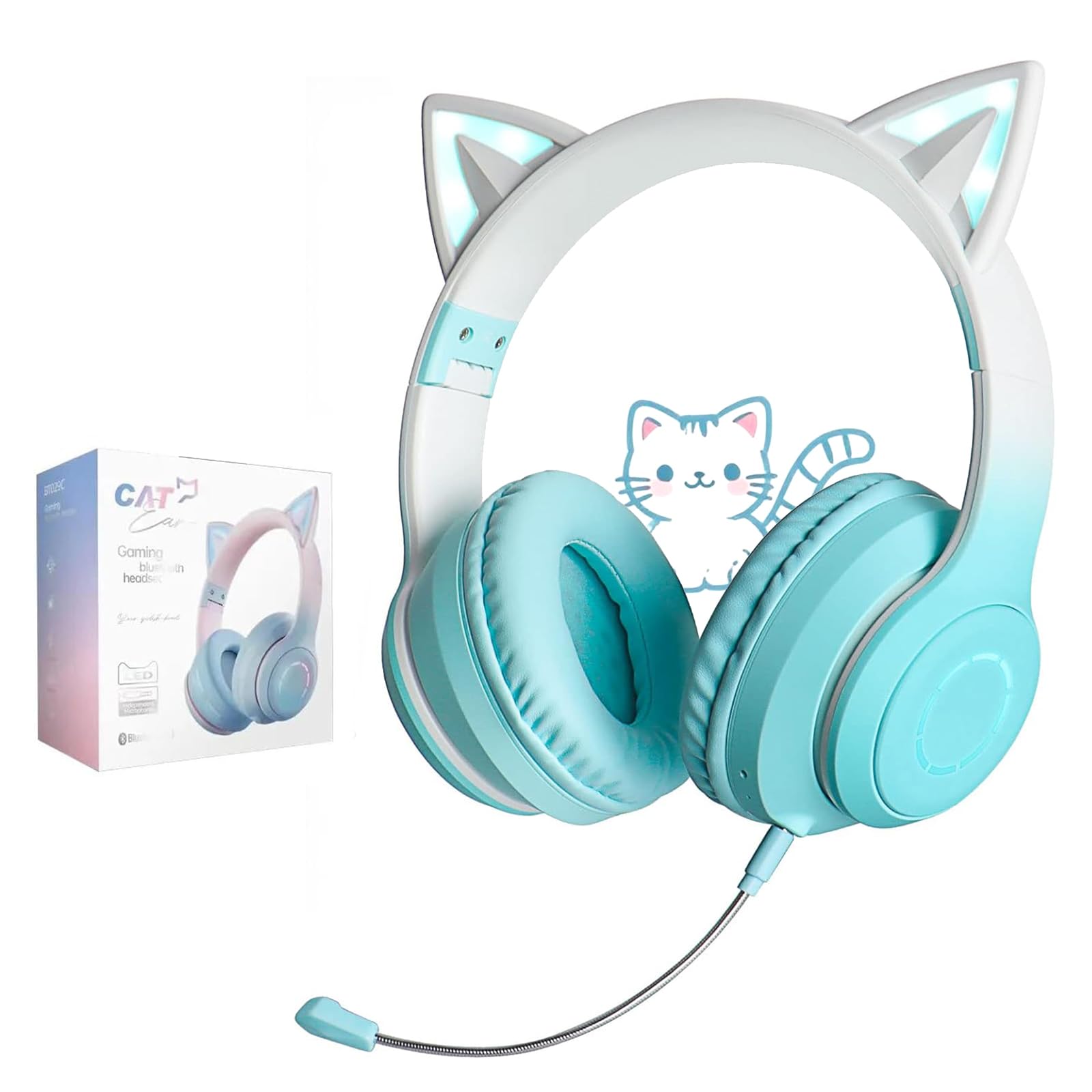 

Cat Ear Headphones, Wireless Gaming Headset, Bluetooth 5.1 with Mic, 15 Hours of Playback, Fast Charging, Low Latency, Dual Use with Wired and