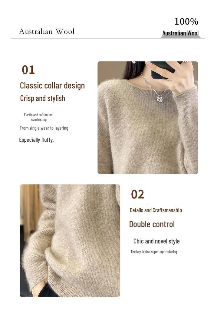 Women's Slimming Wool Pullover Sweater - Loose Knit, Versatile Autumn/Winter Base Layer, Solid Color, Round Neck.