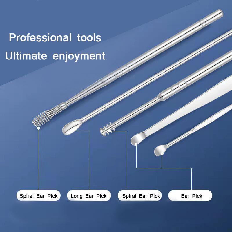 6/7 piece set of stainless steel earwax collector spiral turn ear pick ear pick to clean the ear portable ear cleaning tool