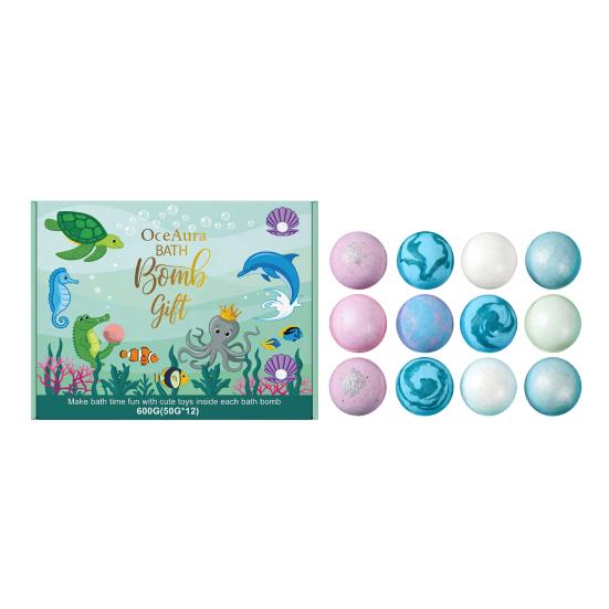 12Pcs Ocean-Themed Bath Bombs with Animal Toys Fizzy Colorful Bubble Balls B