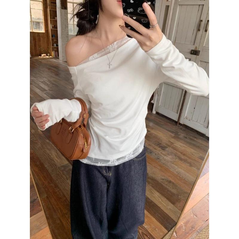 Sweet Hot Girl Style Oblique Shoulder Lace Splicing Long-sleeved T-shirt for Women Early Autumn New Style Off-shoulder Slim Fit Inner Top Trendy