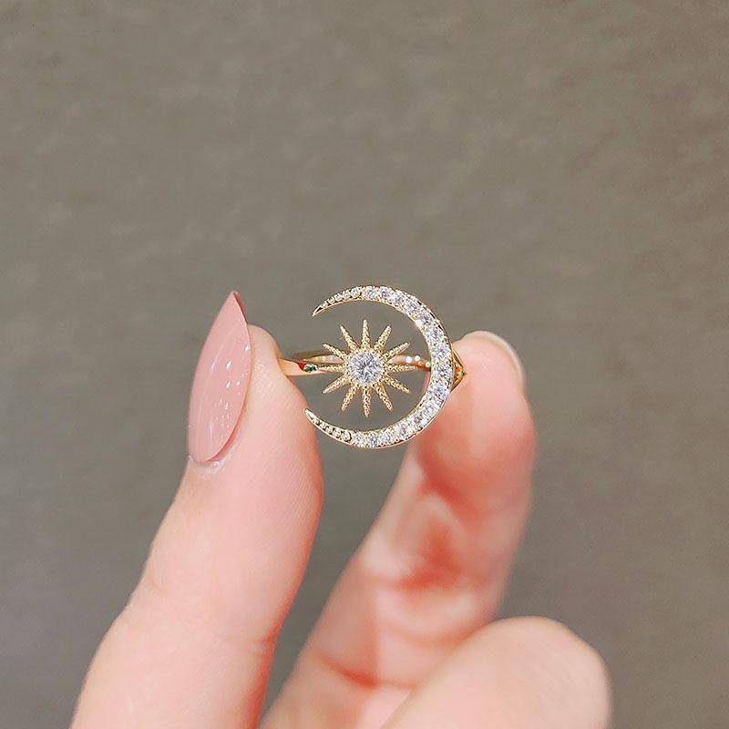 Luxury Synthetic Zirconia Sun Moon Open Ring, Adjustable Simple Fashion Index Finger Ring for Women