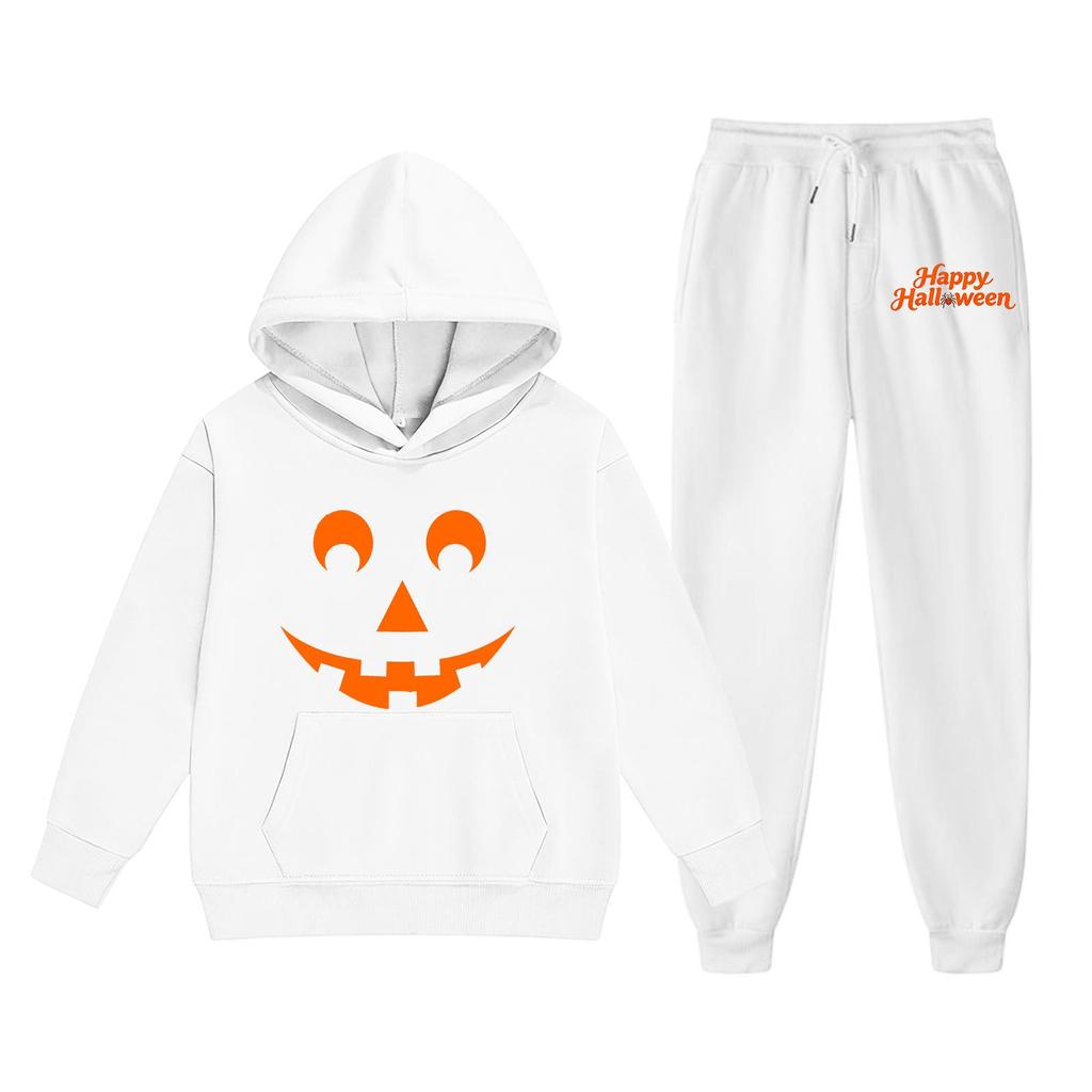 Kids Halloween Hoodie and Pants Set Pumpkin Face Print Pullover Sweatshirt with Hooded Top and Elastic Waist Bottoms for Boys Girls