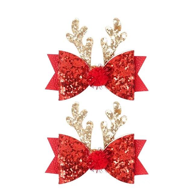 

2/4 шт., рождественский бант с ушками лося, заколка для волос, блестящая золотисто-красная шпилька для волос, головной убор для женщин и девочек, новогодние вечерние заколки, головные уборы для косплея 2pcs