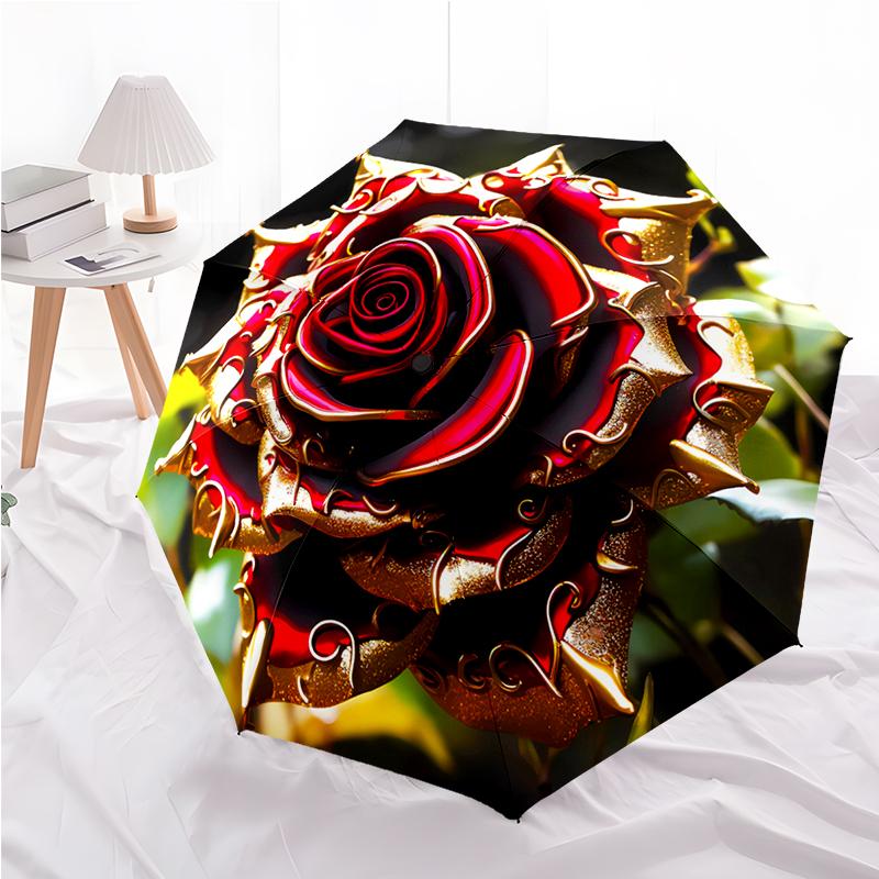 Beautiful Flowers Folding Umbrella-Fashionable Auto-Open Design 8 Iron Ribs Plastic Handle Foldable Sunshade,Perfect Gifts
