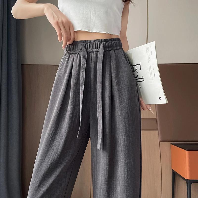 

WTEMPO Широкие брюки женские летние драпированные с высокой талией прямые свободные повседневные модные длинные брюки с завязками XXL серый