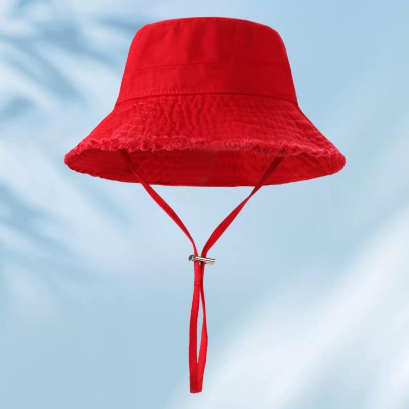 Raw edge cotton bucket hat embroidered female color visor, shopping sun protection hat