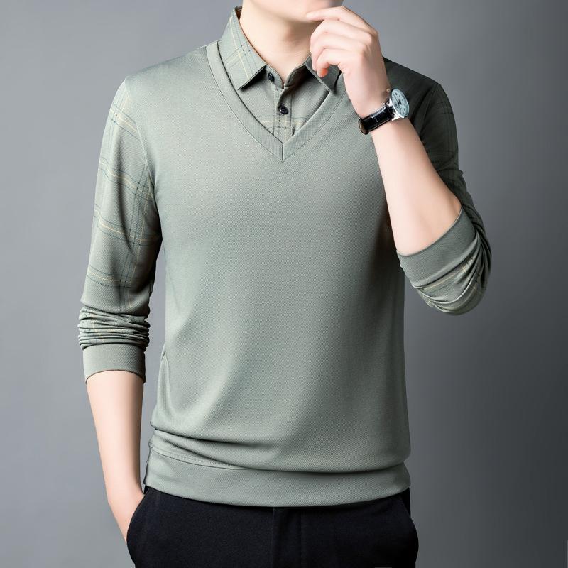 Pánská ležérní pletená košile s dlouhým rukávem a fleecovou podšívkou, vyšívaná kostka, vzhled vrstvení, klopový límec, mírně pružná tkanina na podzim/zimu