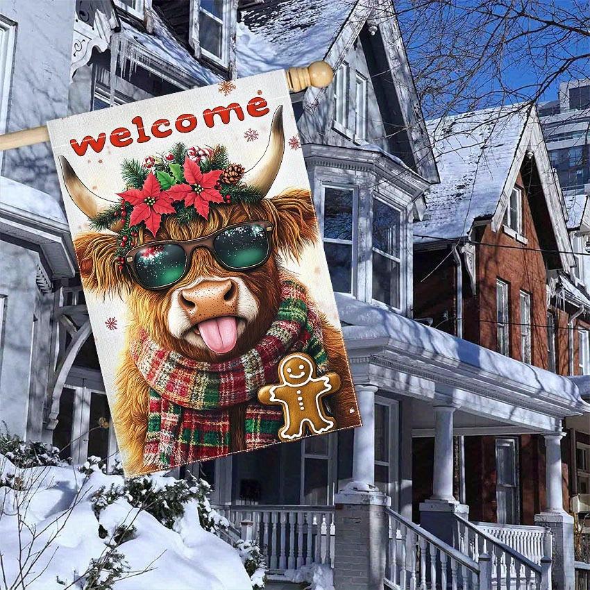 Highland Cow Christmas Garden Flag - Double-Sided Welcome Merry Christmas Holiday Decoration , Durable Polyester Seasonal Farmhouse Decor for Courtyar