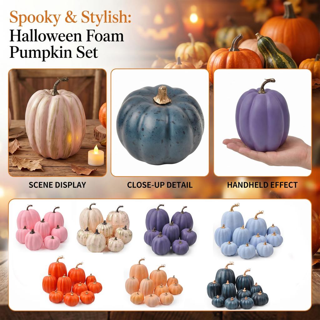 Foam Artificial Pumpkin Set for Halloween Tabletop Decoration Realistic Simulation Pumpkin Props for Home Party Office Display