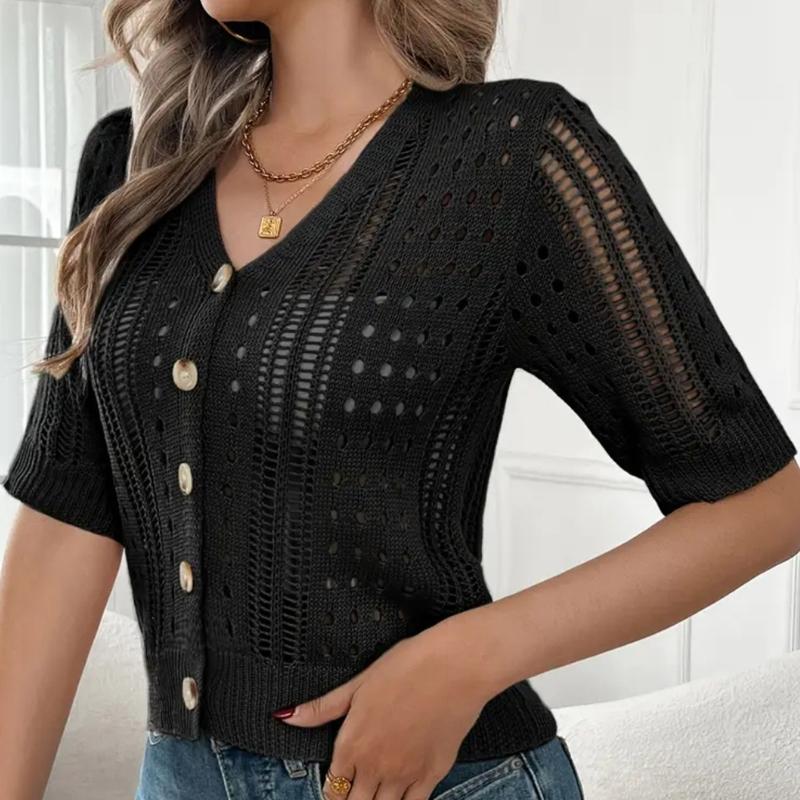 Knitted Women's Hollow-out Cardigan for Summer Women's Hollow-out Short Sleeve Cardigan Coat Short Sleeve Button Down Knit Jacket Hollow-out Design