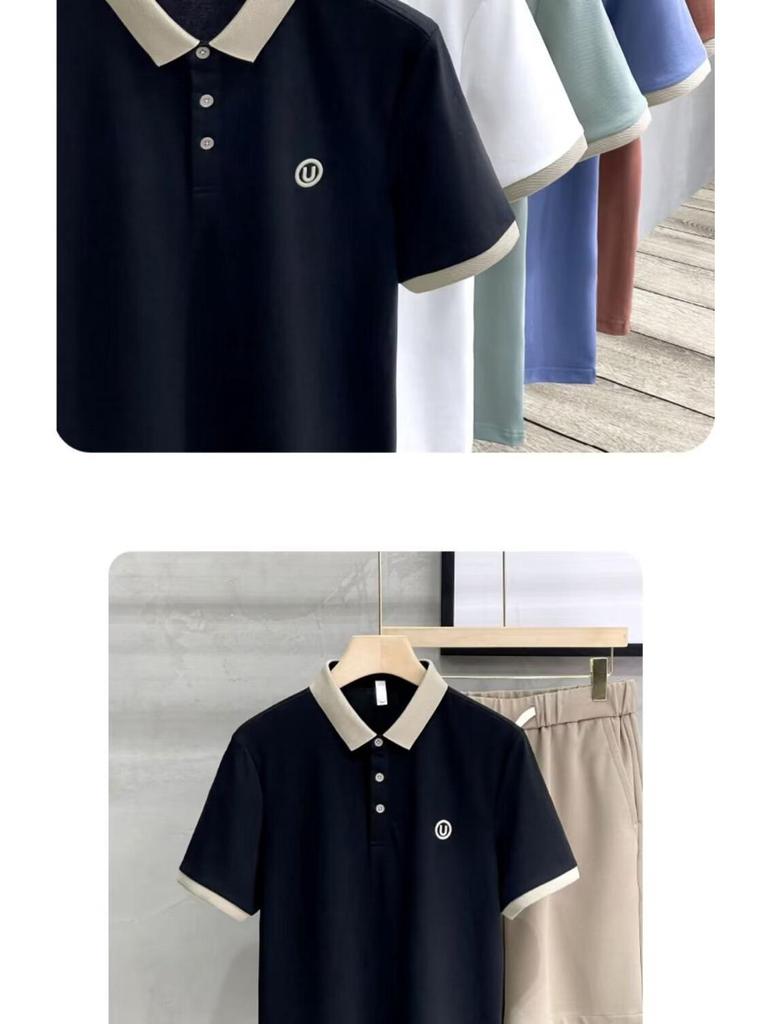 Men's British Style Light Luxury Polo Shirt with Contrasting Color Lapel, Short Sleeves, and Letter Embroidery - Casual Summer Trend.
