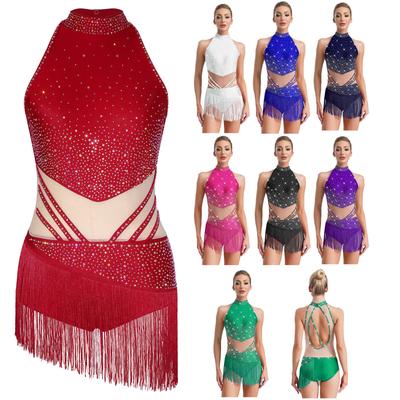 Robe de Danse Latine à Sequins et Franges pour Femmes Maillots de Corps Sans Manches Bodysuit à Franges Danse Rumba Ballroom