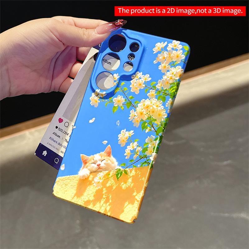 2DFlat Samsung phone case Sunlit Cat Resting on Wall Amid Falling White Flowers Applicable to Galaxy S22 S23 S24 S25ULTRA S26 A12 A13 A14 A15 A16