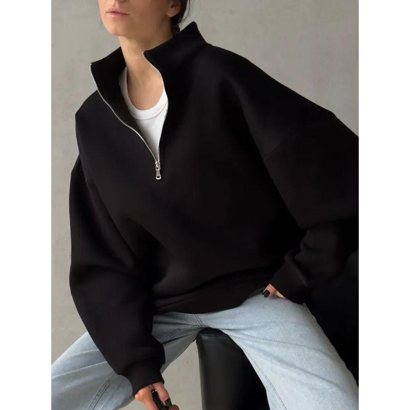 Western Style Fashion Casual Loose Stand Collar Half Zipper Pullover Hoodie Solid Loose Top Half Zip Top
