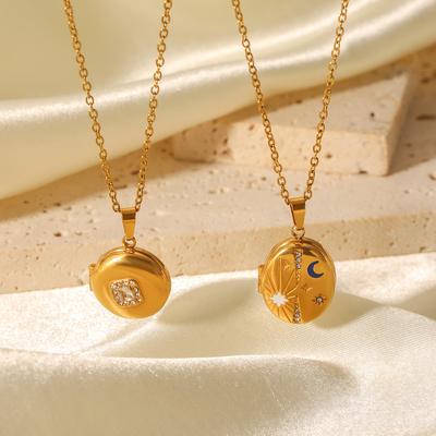 8-pointed Star Moon Diamond-encrusted Magnetic Photo Locket Pendant Stainless Steel Necklace, Premium Clavicle Chain Jewelry