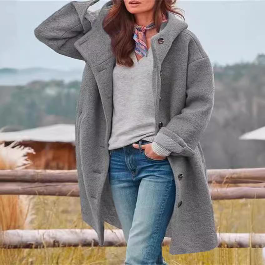 Women's Long Green Coat with Gray Top and Blue Jeans, Casual Outerwear for Autumn